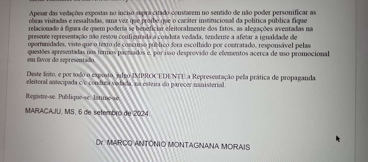 Trecho do despacho do juiz Marco Antônio no processo.  